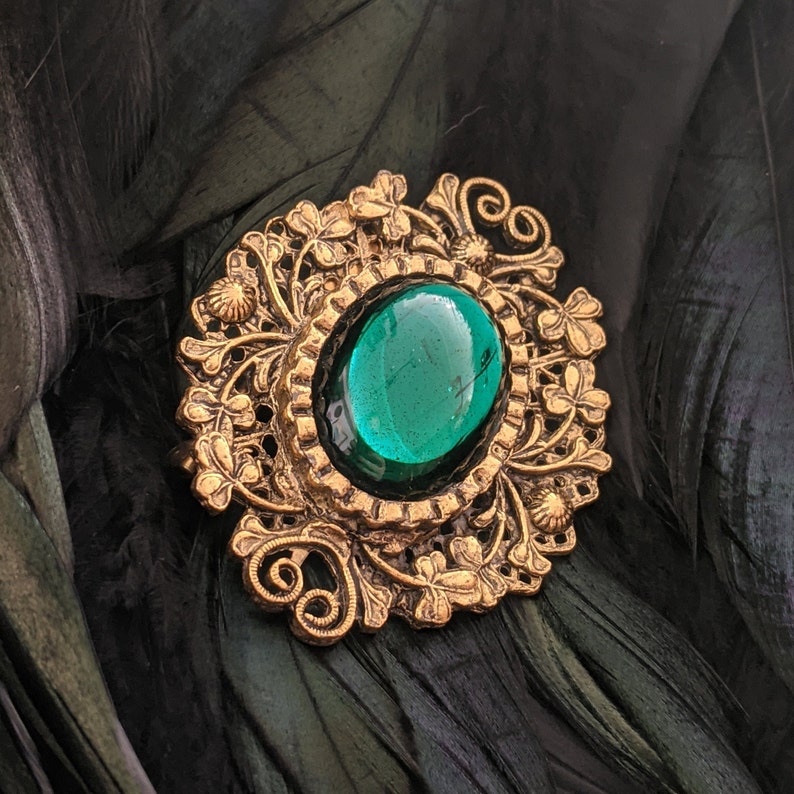 Vintage Brooch Victorian Style Floral Intricate Design Large Emerald Green Glass Cabochon