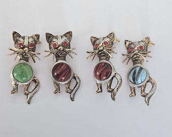 Vintage Brooch Intricate Cat Silver & Goldtone Textured Metal Colorful Cabonons Red Crystals
