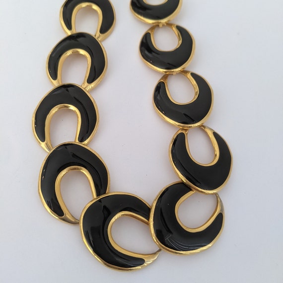 Vintage Necklace Black Enamel Goldtone  Large Ova… - image 5