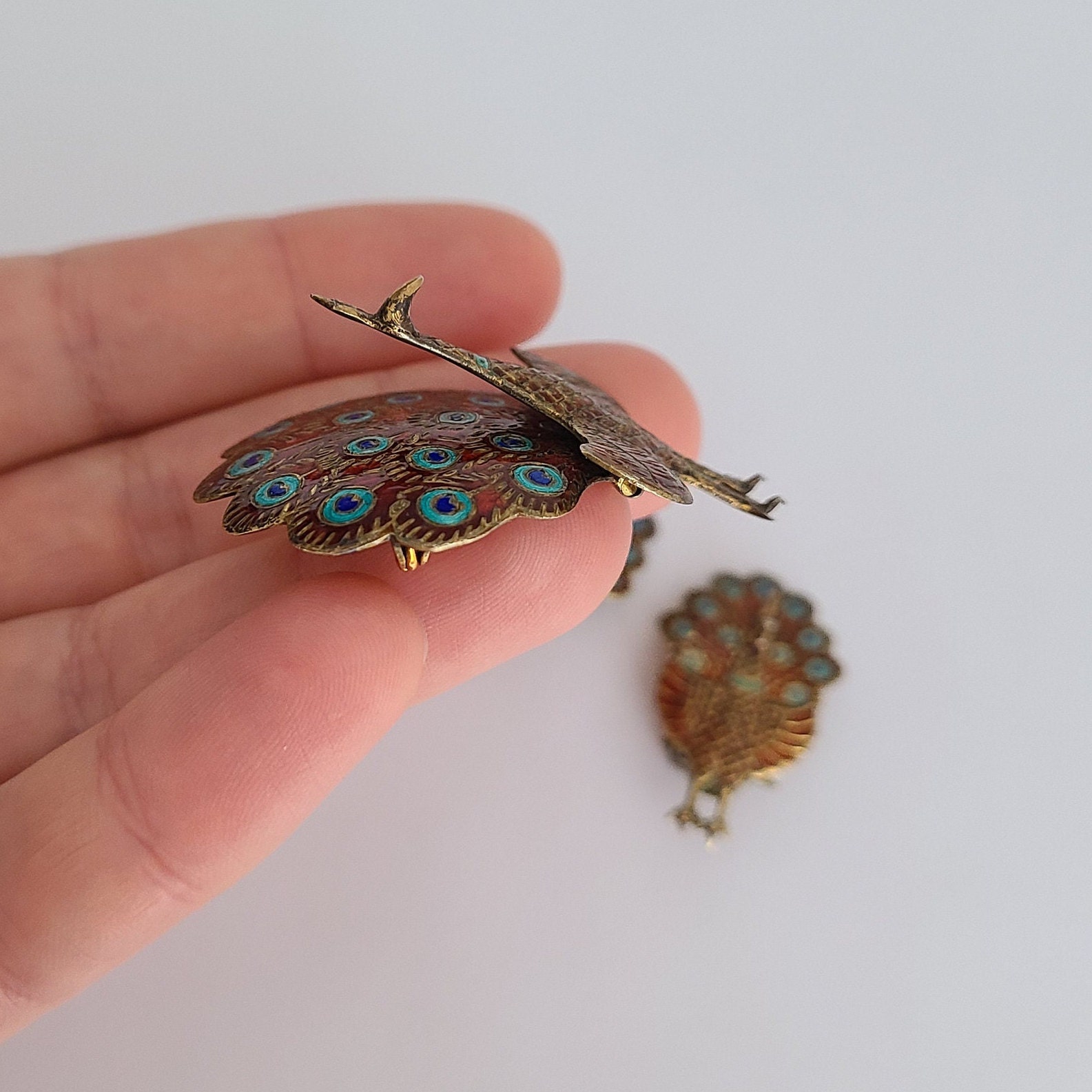SIAM STERLING 孔雀 ブローチ ピーコック飾り　七宝　ヴィンテージ Vintage SET Signed Siam Sterling Brooch and Clipon Earrings