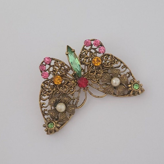 Vintage Butterfly Brooch Antique Goldtone Metal C… - image 3