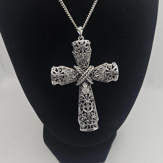 Vintage Articulate Cross Pendant Textured Silvertone Cross on a Chain