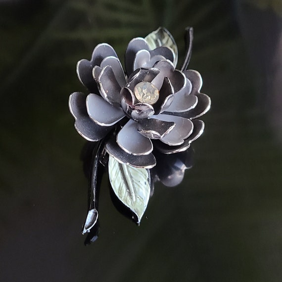 Vintage Coro Brooch Flower Black, Gray and Green … - image 1