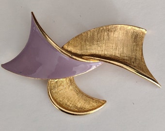 Vintage Modern-Abstract Brooch Purple Enamel and Brushed Gold-tone Metal