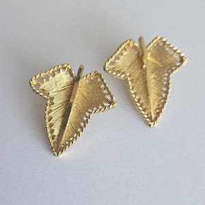 Vintage BSK Clipon Earrings Textured Leaf Design in Goldtone Metal signed BSK