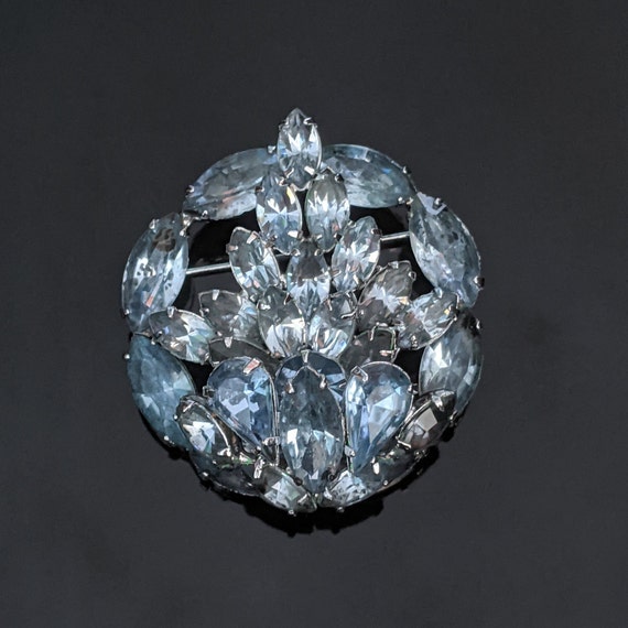 Vintage Brooch Blue Grey Crystals Multilayered Ar… - image 1