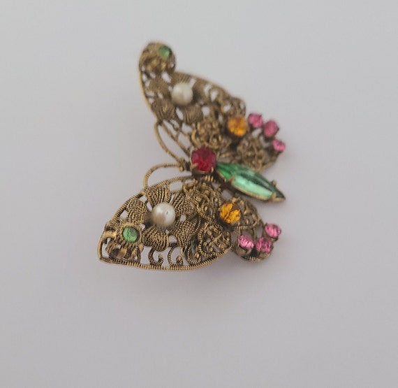 Vintage Butterfly Brooch Antique Goldtone Metal C… - image 7