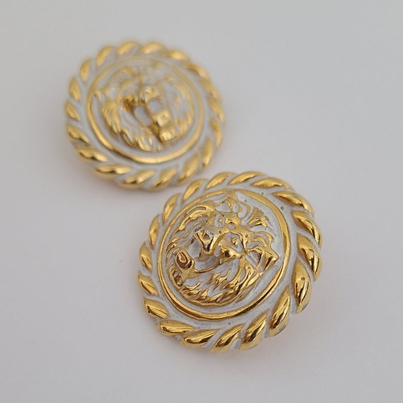 Vintage Earrings Roaring Lion Head in White Ename… - image 3