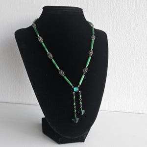 Lovely Vintage Antique Art-Deco Necklace Green Beads & Crystals Silvertone Filigree Details with Green Crystal Clasp Czechoslovakia