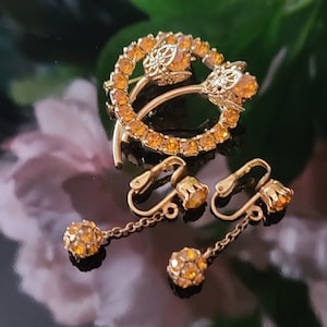Vintage Rhinestone Flower Brooch and Clip-on Earrings Set