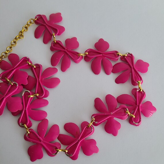 Vintage Floral Necklace Pink Enamel Metal Flowers… - image 5