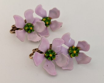 Vintage Clip-on Earrings Sakura Flower Pink and  Green Enamel
