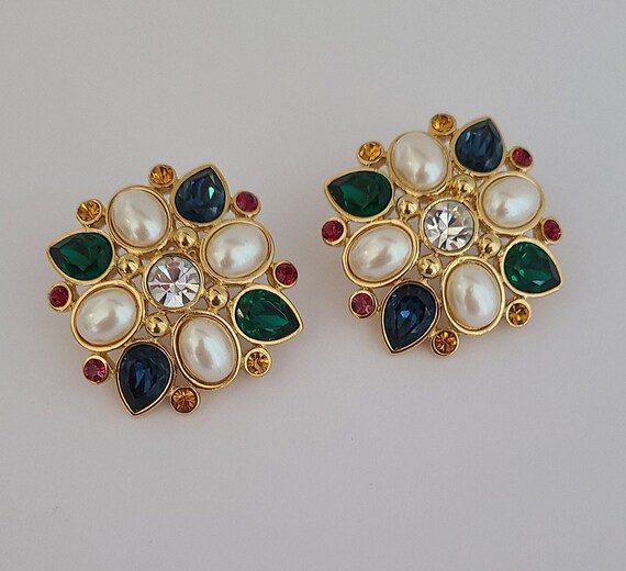 Vintage Stunning Stud Earrings Faux Pearls Multic… - image 1