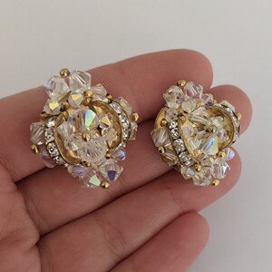 Vintage Clip on Earrings Aurora Borealis Crystals Goldtone Beads Clear Color Crystals