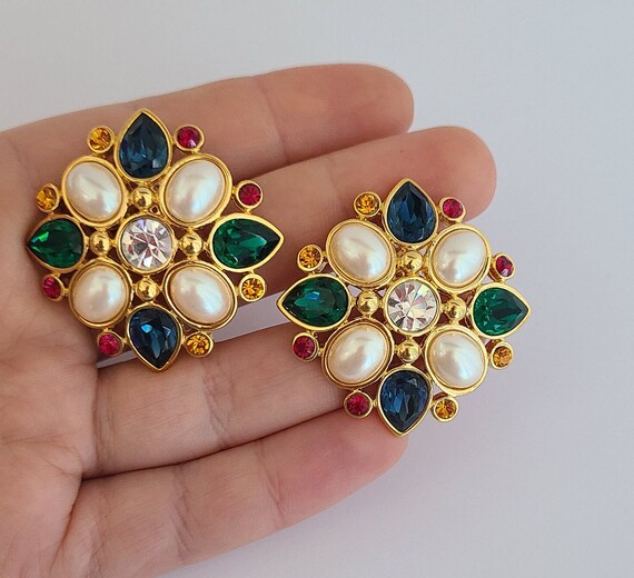 Vintage Stunning Stud Earrings Faux Pearls Multic… - image 6
