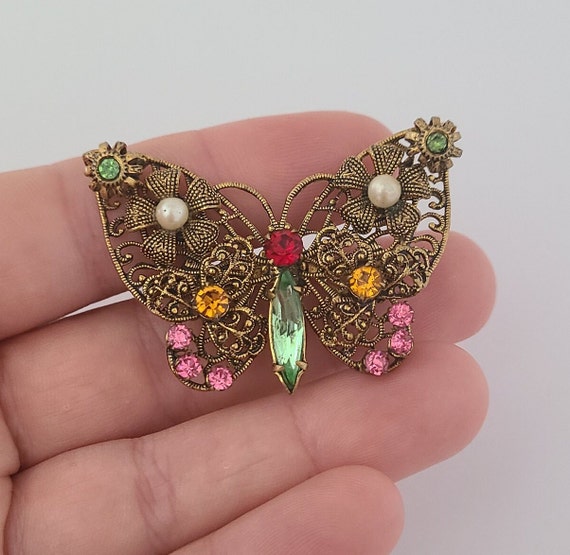 Vintage Butterfly Brooch Antique Goldtone Metal C… - image 6