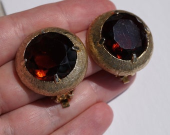 Boucles D'oreilles Anciennes Dorées Avec Strass Et Ambre - Clips, 3 Cm, Occasion Très Bon état