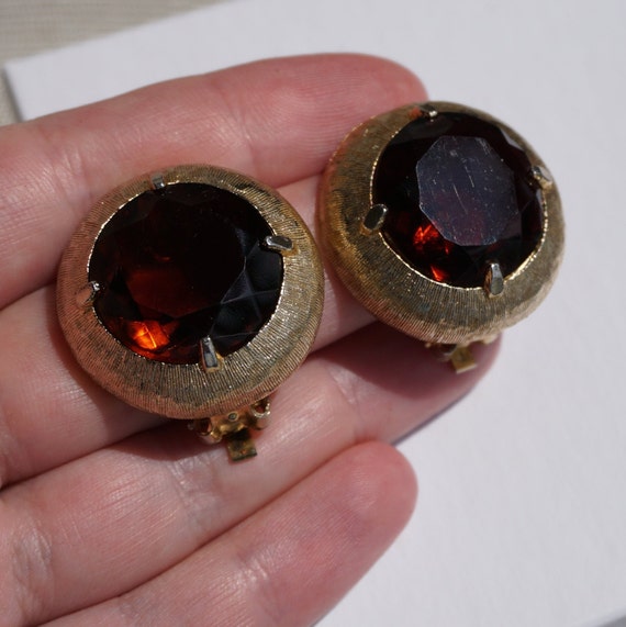 Vintage Clip-On Earrings Amber Honey Huge Rhinest… - image 7