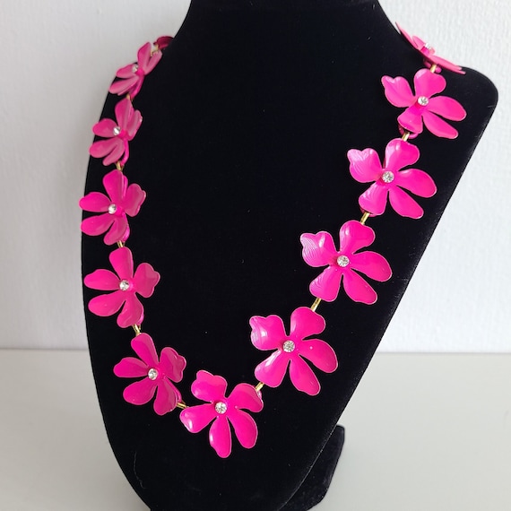 Vintage Floral Necklace Pink Enamel Metal Flowers… - image 1