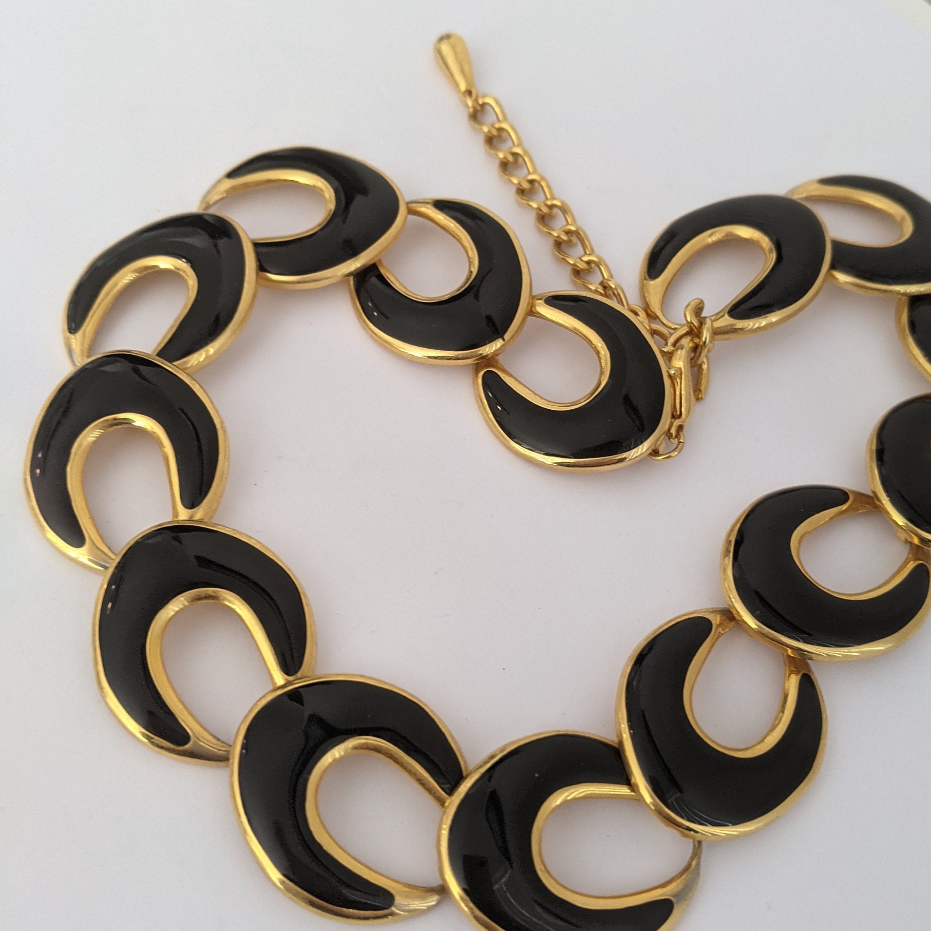 Vintage Necklace Black Enamel Goldtone Large Oval Links Etsy