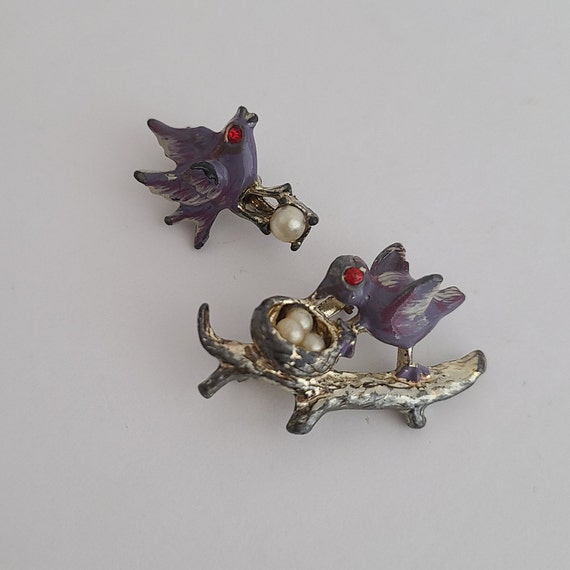 Vintage Duo Brooch Matching Enamel Birds with Fau… - image 1