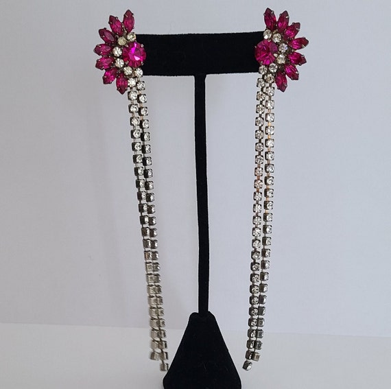 Vintage Massive Drop Earrings Fuchsia Pink and Cl… - image 2