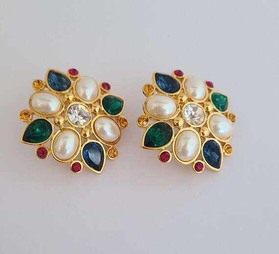 Vintage Stunning Stud Earrings Faux Pearls Multic… - image 7