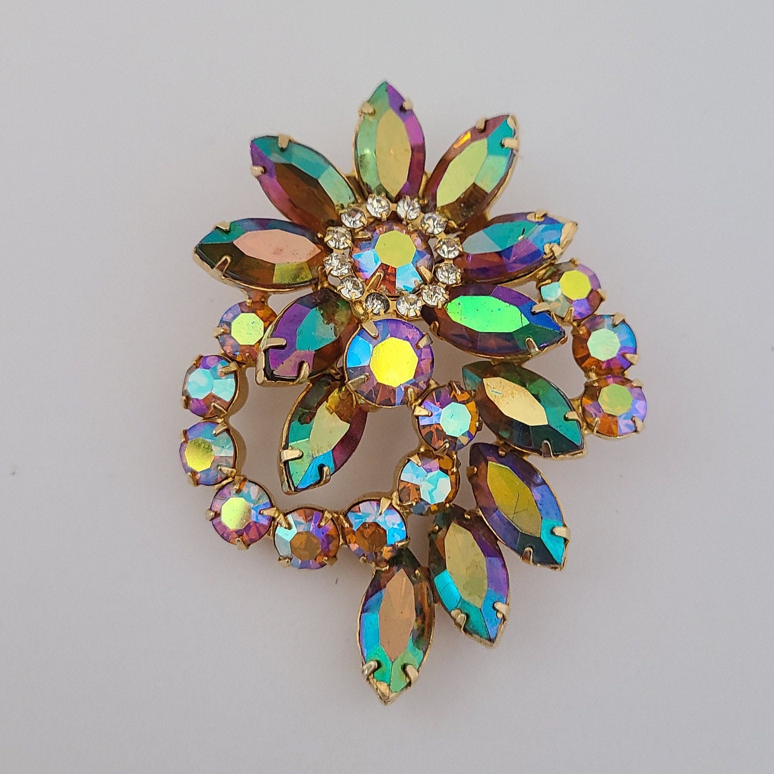 Vintage Brooch Juliana-Style Pink Aurora Borealis Crystals Flower Swirl Design