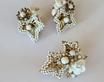 Vintage Miriam Haskell Flower Brooch Earring Set: Rhinestone
