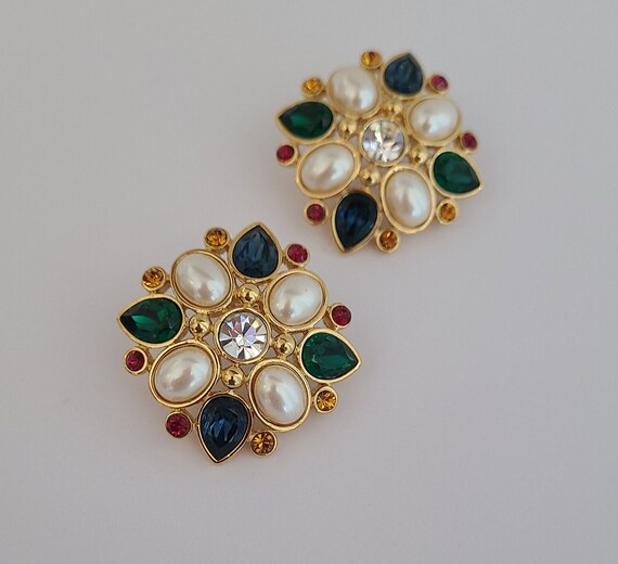 Vintage Stunning Stud Earrings Faux Pearls Multic… - image 2