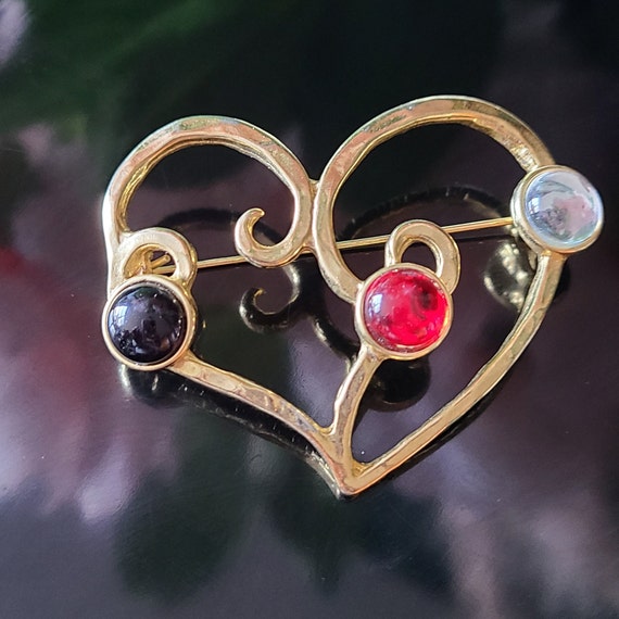 Vintage Brooch Heart Goldtone Metal Multi-Colored… - image 2