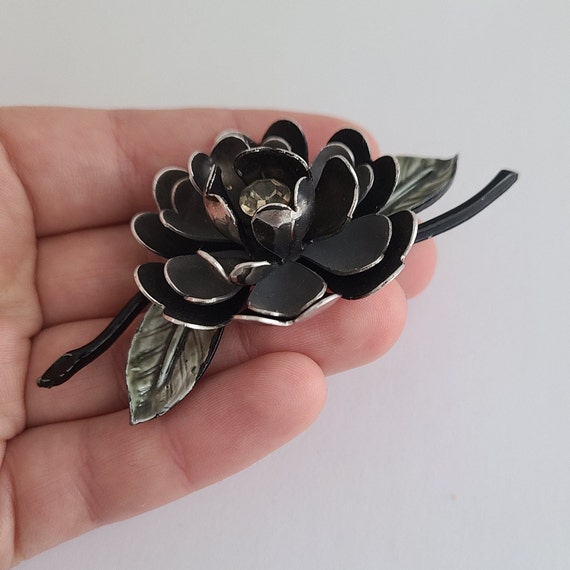 Vintage Coro Brooch Flower Black, Gray and Green … - image 7