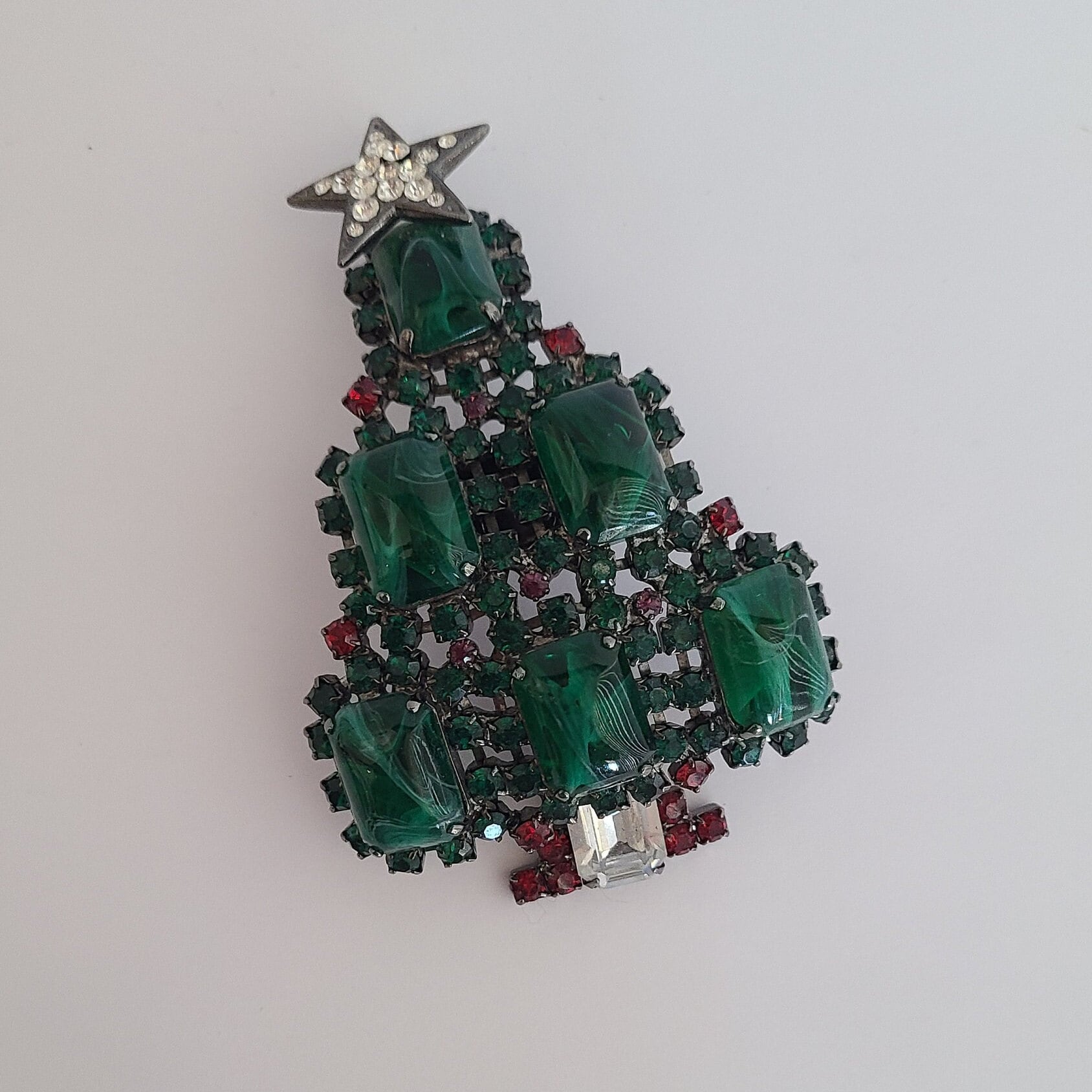 LARRY VRBA Christmas tree brooch with emerald green ornaments, red  rhinestone lights a lighter green rhinestone boughs and clear and topaz  colored candles - Morning Glory Jewelry & Antiques