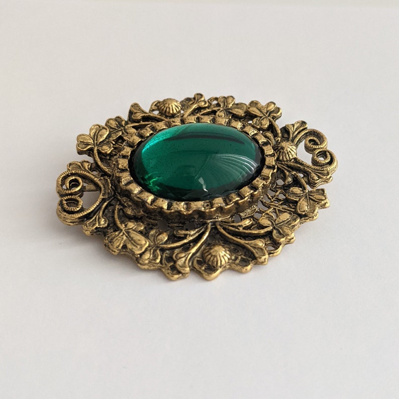 Vintage Brooch Victorian Style Floral Intricate Design Large Emerald Green Glass Cabochon