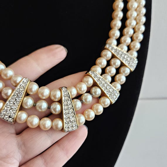 Vintage Necklace Choker Three-strand Faux Pearls With Five Crystal