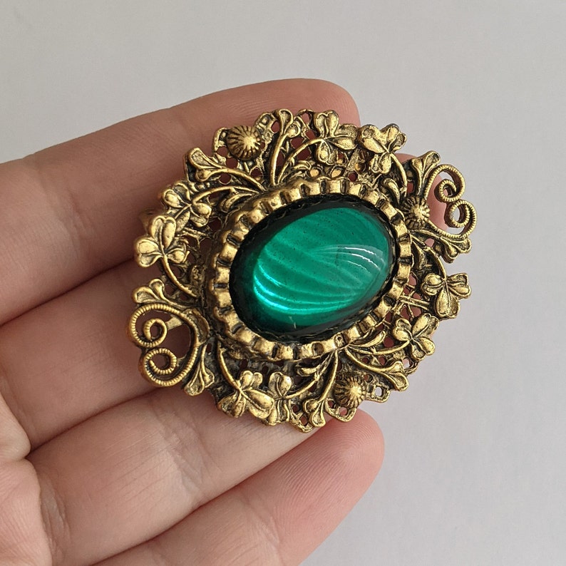 Vintage Brooch Victorian Style Floral Intricate Design Large Emerald Green Glass Cabochon