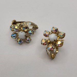 Vintage Juliana-style Clip-on Earrings Milk Glass Cabochon and Aurora Borealis Crystals