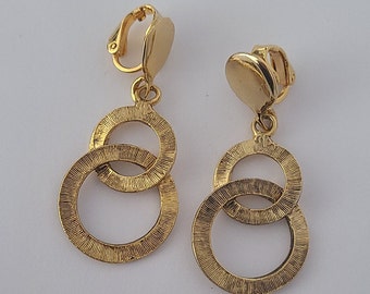 Vintage Clip-on Drop Earrings Textured Loops Goldtone Metal