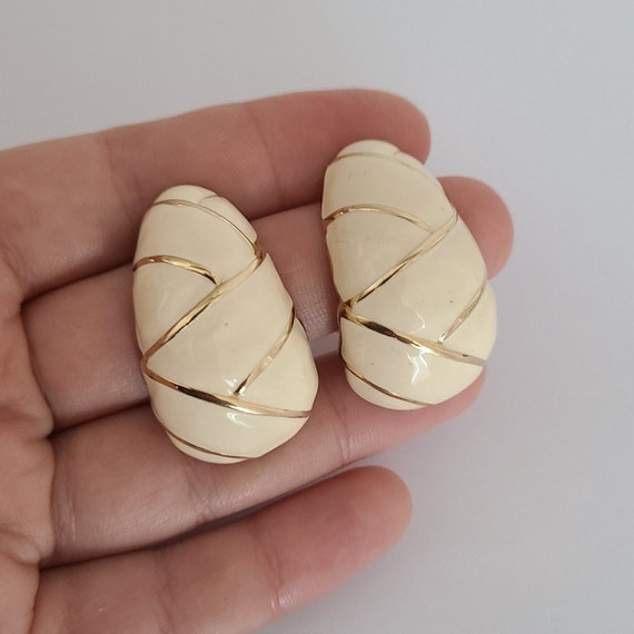 Boucles D'oreilles Clips Vintage émaillées Blanc - Très Bon état - Fermoir Clips