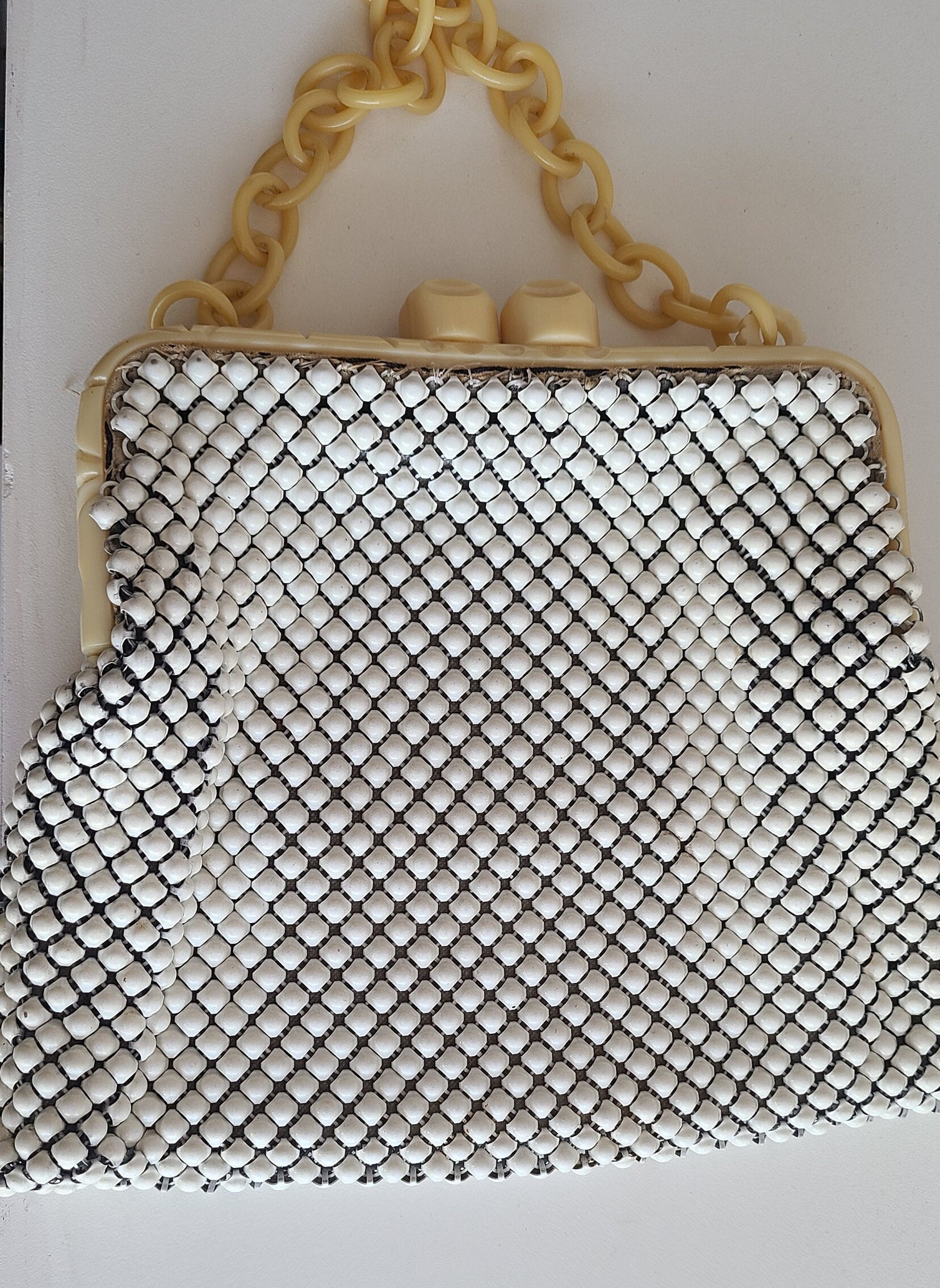 Vintage 1930s Whiting & Davis White Mesh Purse | Carved Bakelite