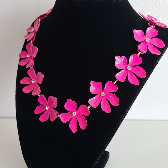 Vintage Floral Necklace Pink Enamel Metal Flowers… - image 2