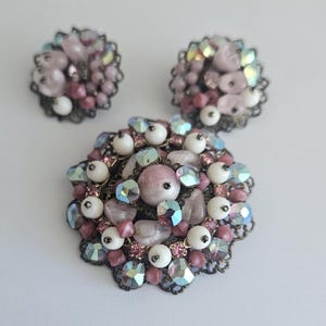 Vintage Brooch and Clip-on Earrings Set: Pink Glass Beads, Bronz Filigree