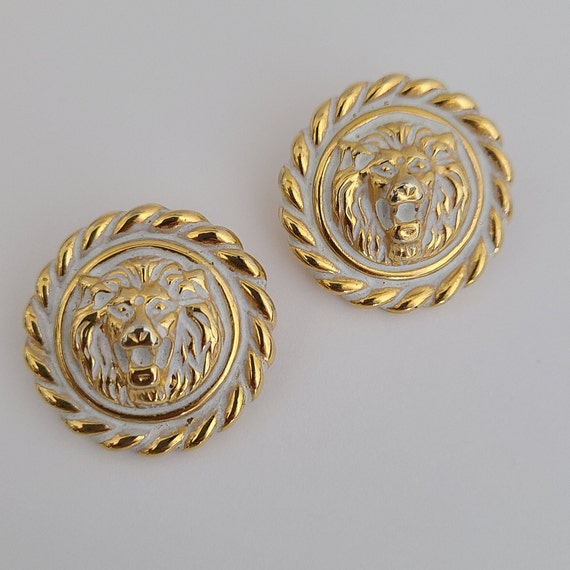 Vintage Earrings Roaring Lion Head in White Ename… - image 1