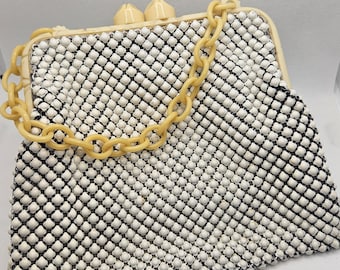 Vintage 1930s Whiting & Davis White Mesh Purse | Carved Bakelite
