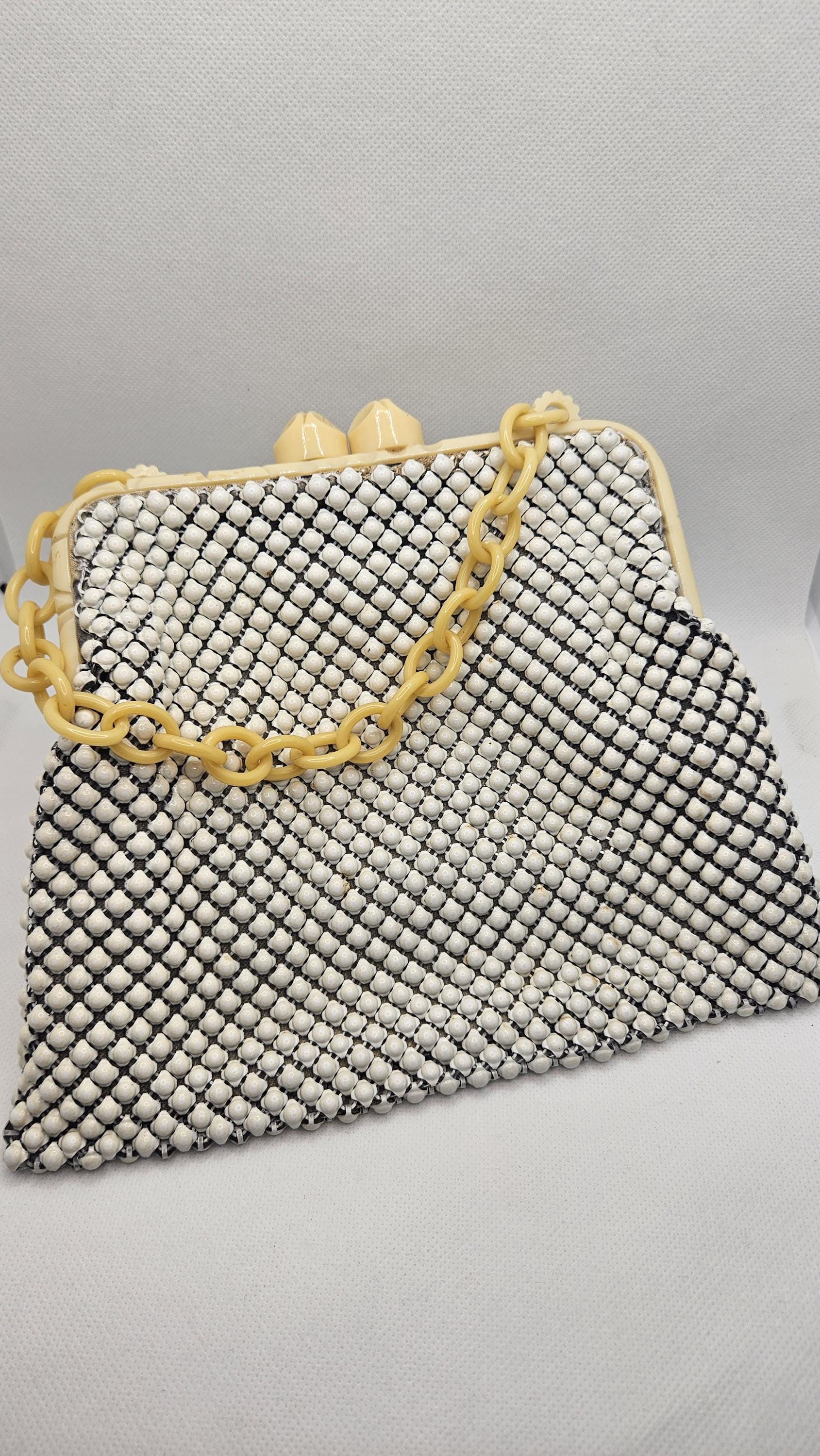 Vintage 1930s Whiting & Davis White Metal Mesh Purse Bakelite