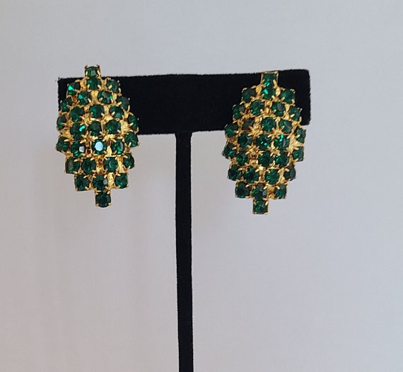 Vintage Clipon Earrings Vibrant Green Crystals Ma… - image 1