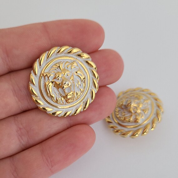 Vintage Earrings Roaring Lion Head in White Ename… - image 5