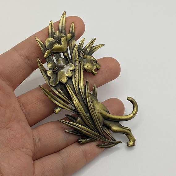 Vintage JJ Brooch Big Cat in Flowers Jonette Jewelry Gem