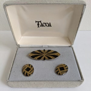 Vintage  SET Pierre Bex Art Deco Style Stud Earrings and Brooch, Black Enamel and  Goldtone Metal Tacoa Original Box