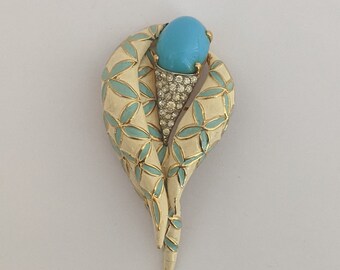 Vintage Brooch Jomaz Blue Cabochon Clear Rhinestone White Blue Ornate Enamel